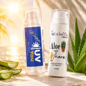 UV You Beef Tallow Outdoor Cream and Aloe There after-sun cream bottles in a sunny aloe-inspired skincare scene