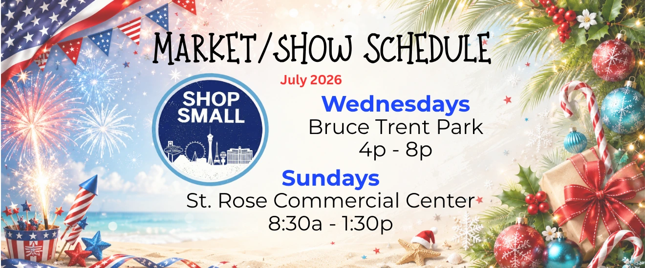 The Bath and Bodi Co July 2026 market schedule featuring Fresh52 Farmers Markets at Bruce Trent Park and St. Rose Commercial Center with a Fourth of July and Christmas in July themed banner.