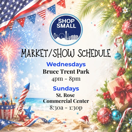 Mobile-friendly July 2026 Fresh52 Farmers Market schedule for The Bath and Bodi Co featuring Las Vegas and Henderson market locations with patriotic and Christmas in July artwork.