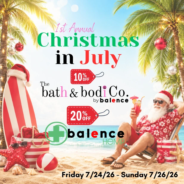 Mobile Christmas in July sale banner featuring Santa on the beach with holiday decorations and savings on balence Hemp and The Bath and Bodi Co products.