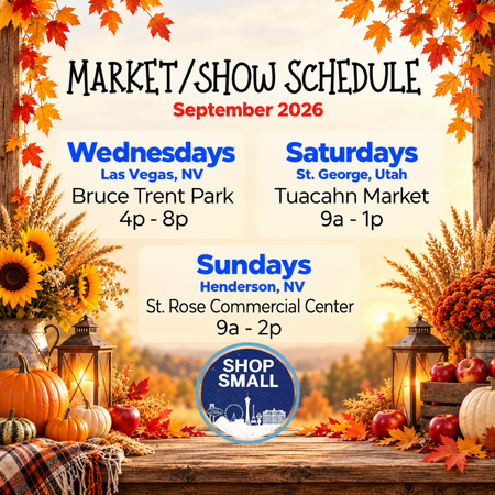 Mobile September 2026 market schedule for The Bath & Bodi Co. with weekly markets in Las Vegas, Henderson, Nevada, and St. George, Utah.