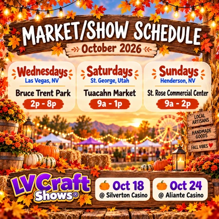 October 2026 market schedule for balenceCo featuring Bruce Trent Park in Las Vegas, Tuacahn Market in St. George, St. Rose Commercial Center in Henderson, and LV Craft Shows at Silverton Casino.