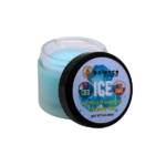 Balence Ice Muscle Gel jar with a cool blue gel and clear label sits on a slate surface surrounded by scattered ice chips, fresh mint leaves, and arnica sprigs. In the softly blurred background, a fit person in athletic wear massages gel onto their calf post-workout in bright, cool daylight.