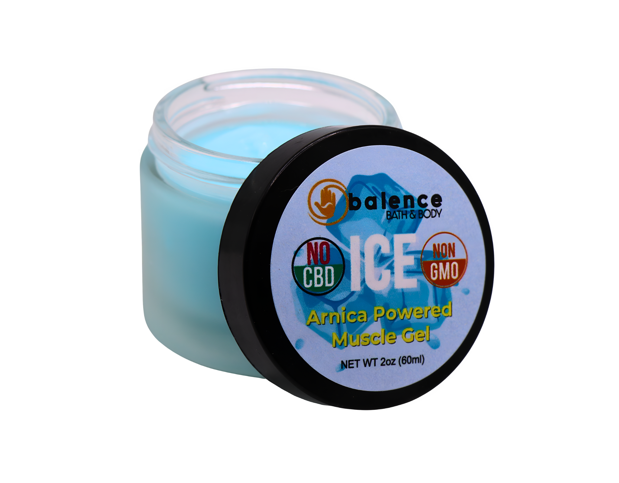 Balence Ice Muscle Gel jar with a cool blue gel and clear label sits on a slate surface surrounded by scattered ice chips, fresh mint leaves, and arnica sprigs. In the softly blurred background, a fit person in athletic wear massages gel onto their calf post-workout in bright, cool daylight.